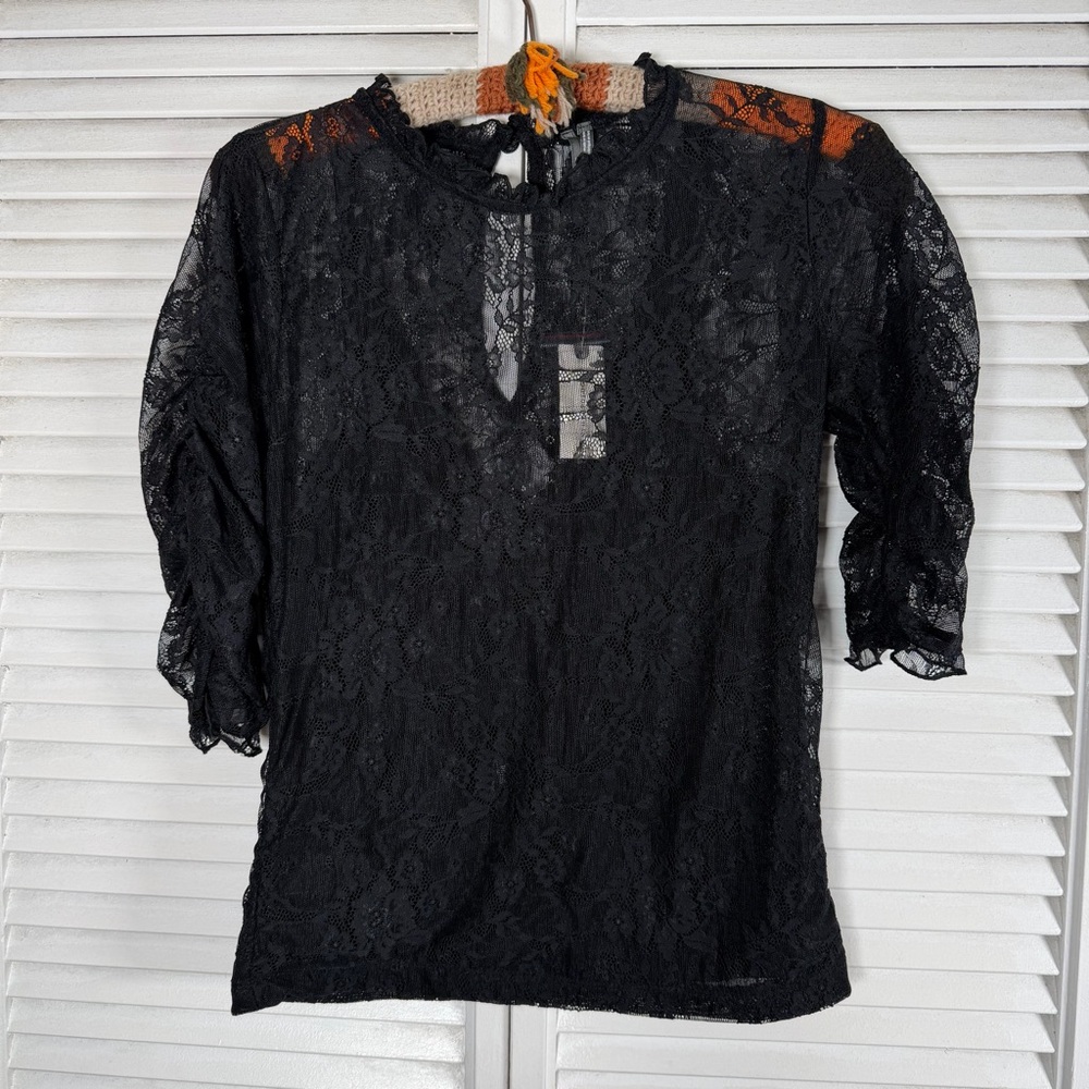 Anthropologie Black‎ Lace Stretch Blouse XS Romantic Gothic